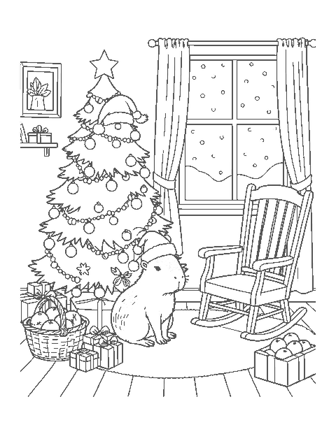 Line drawing of a capybara in a Santa hat beside a Christmas tree, presents and a basket of oranges