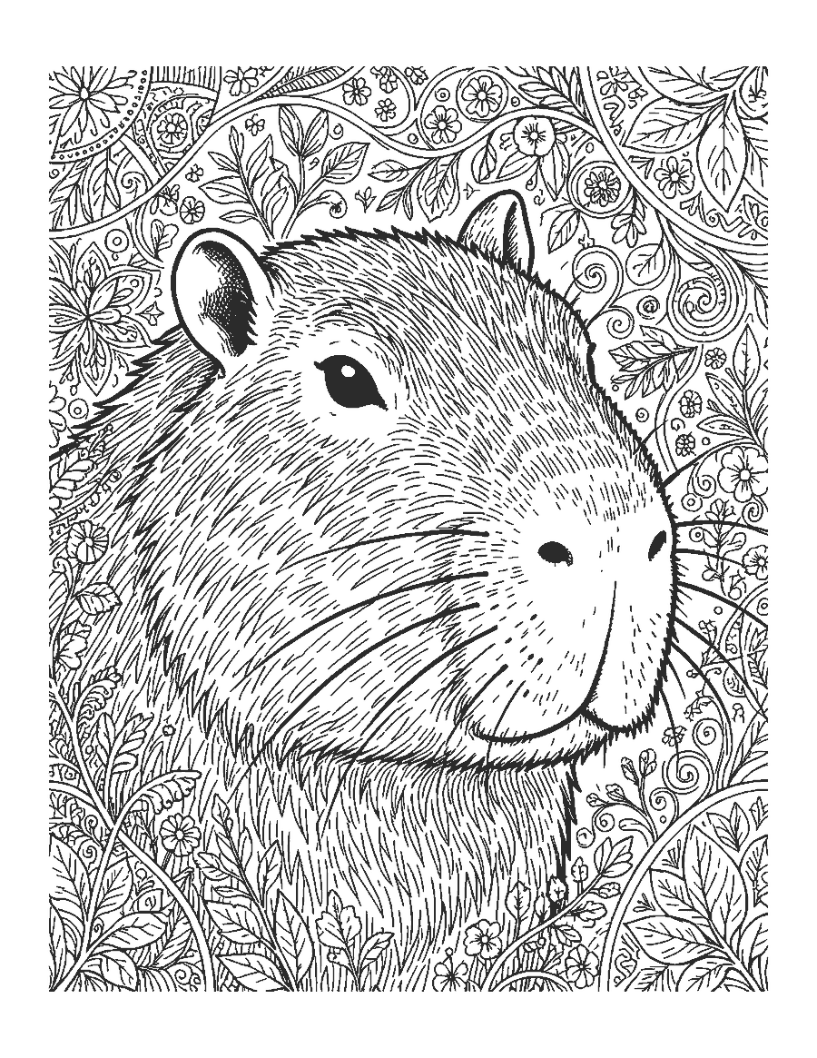 Line drawing close-up of a capybara's head with finely drawn coarse fur