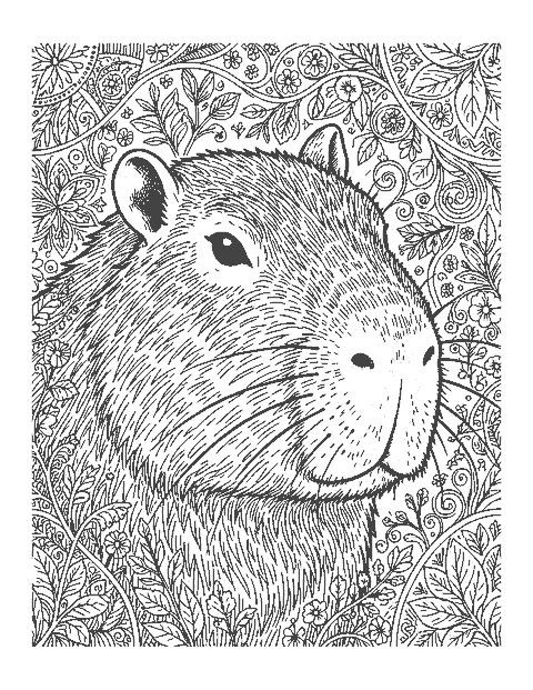 Line drawing close-up of a capybara's head with finely drawn coarse fur