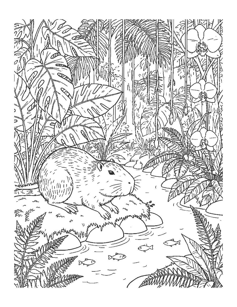 Line drawing of a capybara resting by a rainforest stream among giant leaves, ferns and orchids