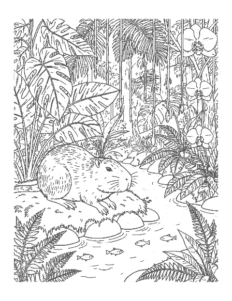Line drawing of a capybara resting by a rainforest stream among giant leaves, ferns and orchids