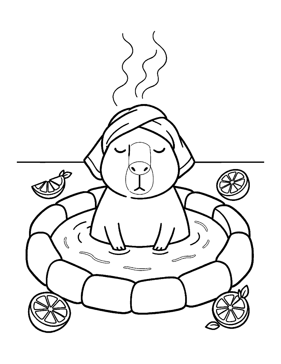 Line drawing of a capybara relaxing in a steamy hot spring with fruit floating around it