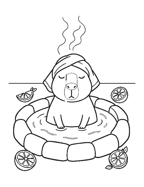 Line drawing of a capybara relaxing in a steamy hot spring with fruit floating around it