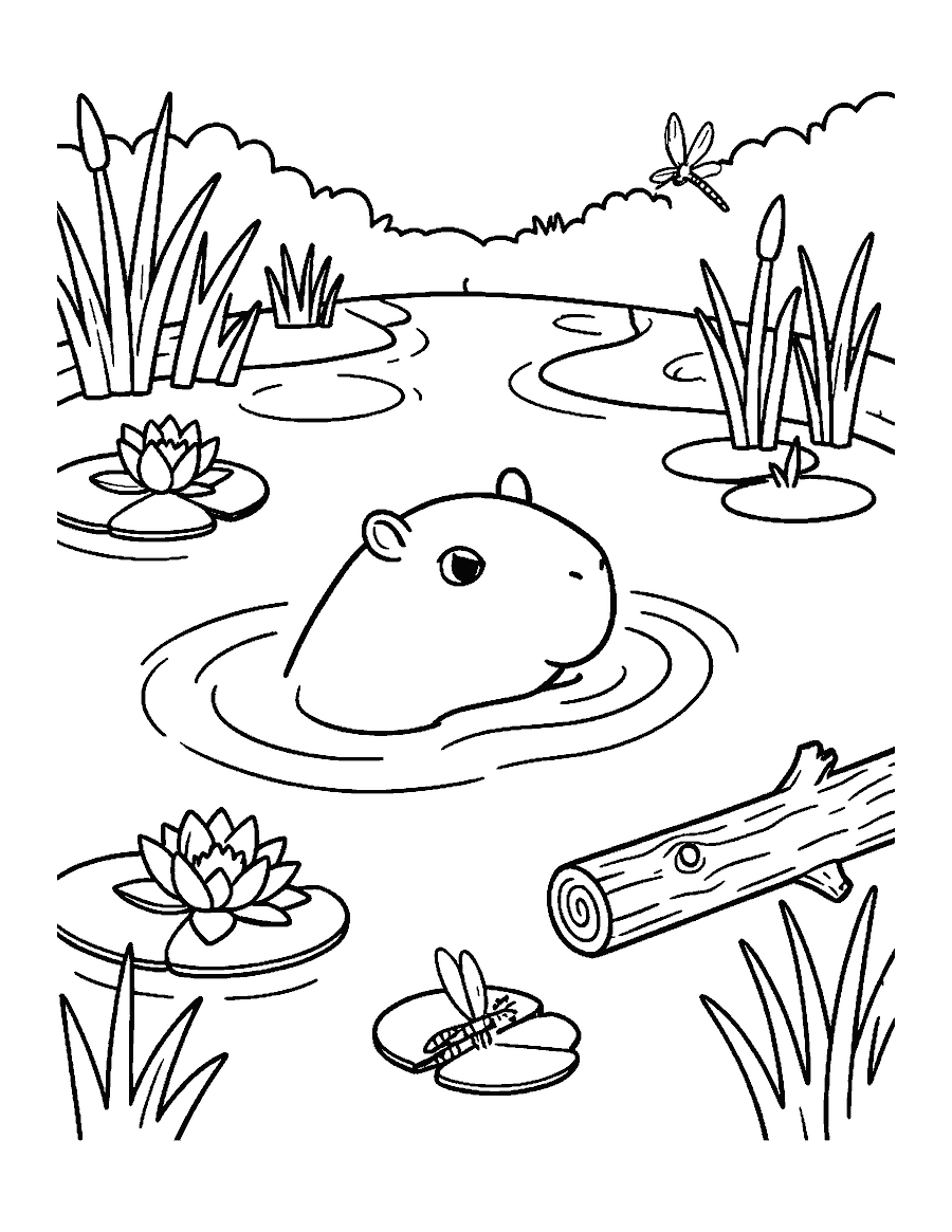 Line drawing of a capybara swimming with only its head above the water among water lilies