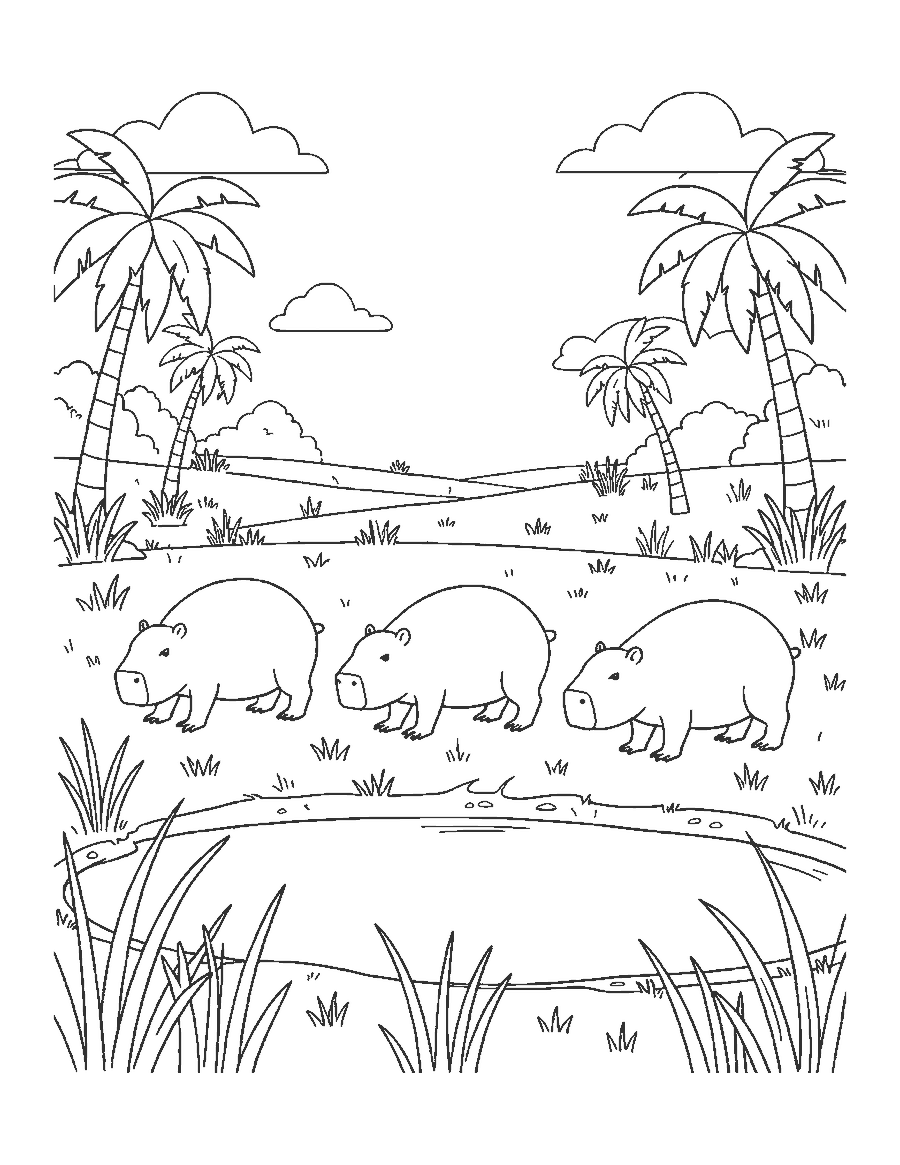 Line drawing of three capybaras grazing on open grassland beside a shallow pool and palm trees