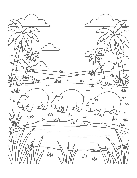 Line drawing of three capybaras grazing on open grassland beside a shallow pool and palm trees