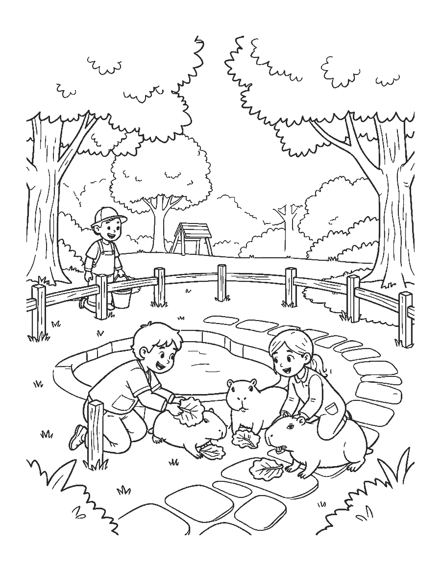 Line drawing of two children feeding lettuce to capybaras over a low wooden fence