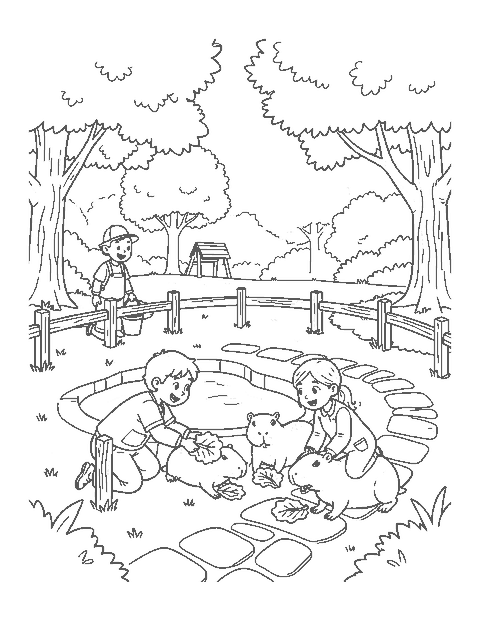 Line drawing of two children feeding lettuce to capybaras over a low wooden fence