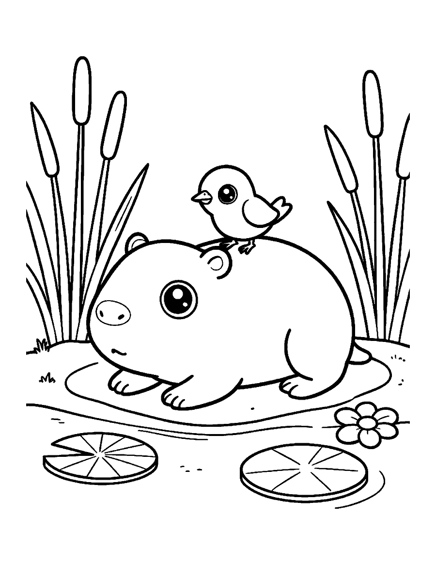 Line drawing of a cute capybara lying on a riverbank with a small bird on its back