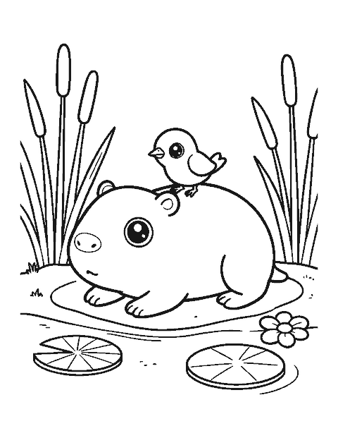Line drawing of a cute capybara lying on a riverbank with a small bird on its back