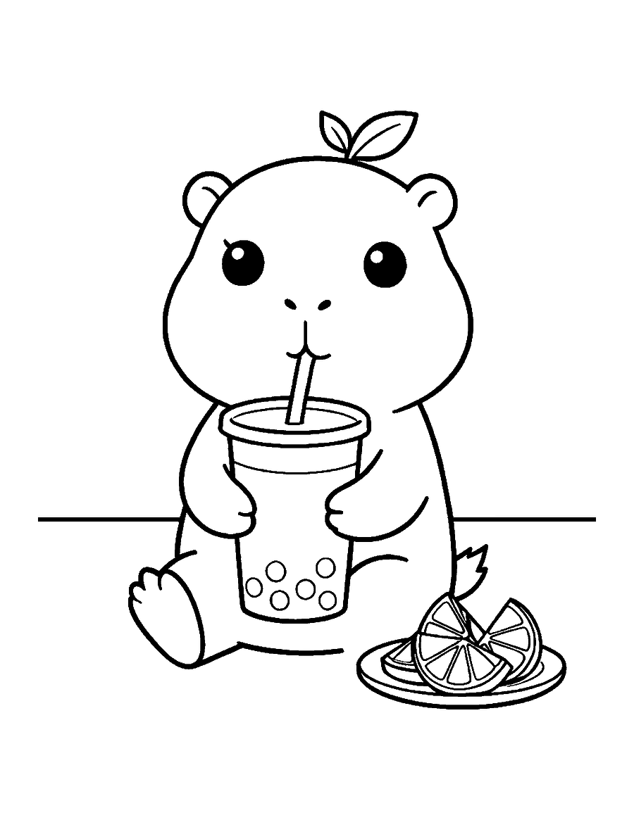 Line drawing of a cute chibi capybara sipping bubble tea beside a plate of citrus slices