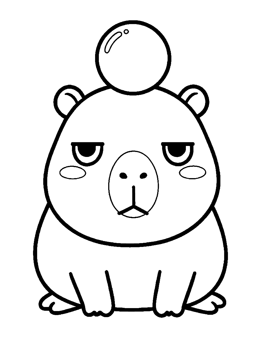 Line drawing of a cute chibi capybara sitting calmly with an orange on its head