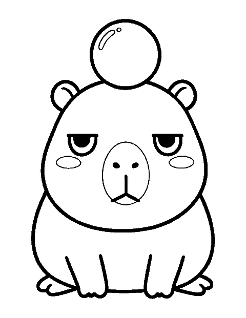 Line drawing of a cute chibi capybara sitting calmly with an orange on its head