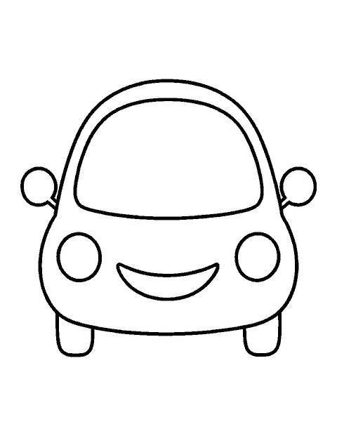 Line drawing of a small bubble-shaped car facing forward with round headlights