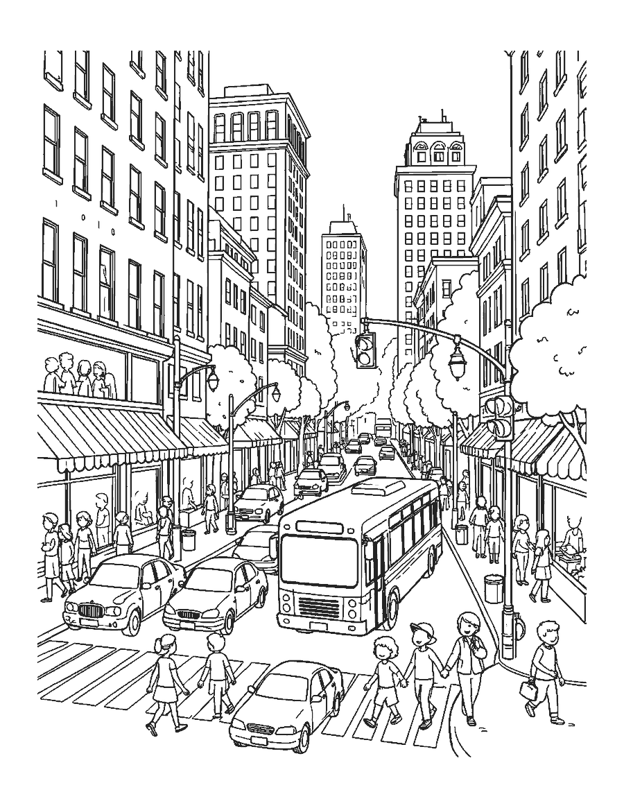 Line drawing of a city street with cars, a bus, a crosswalk, shops and tall buildings