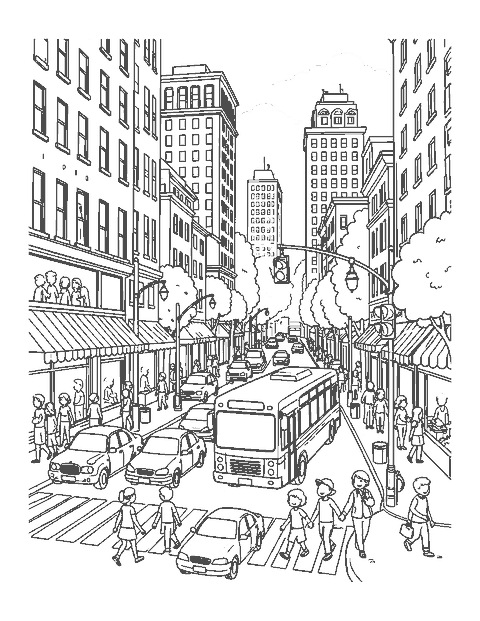 Line drawing of a city street with cars, a bus, a crosswalk, shops and tall buildings