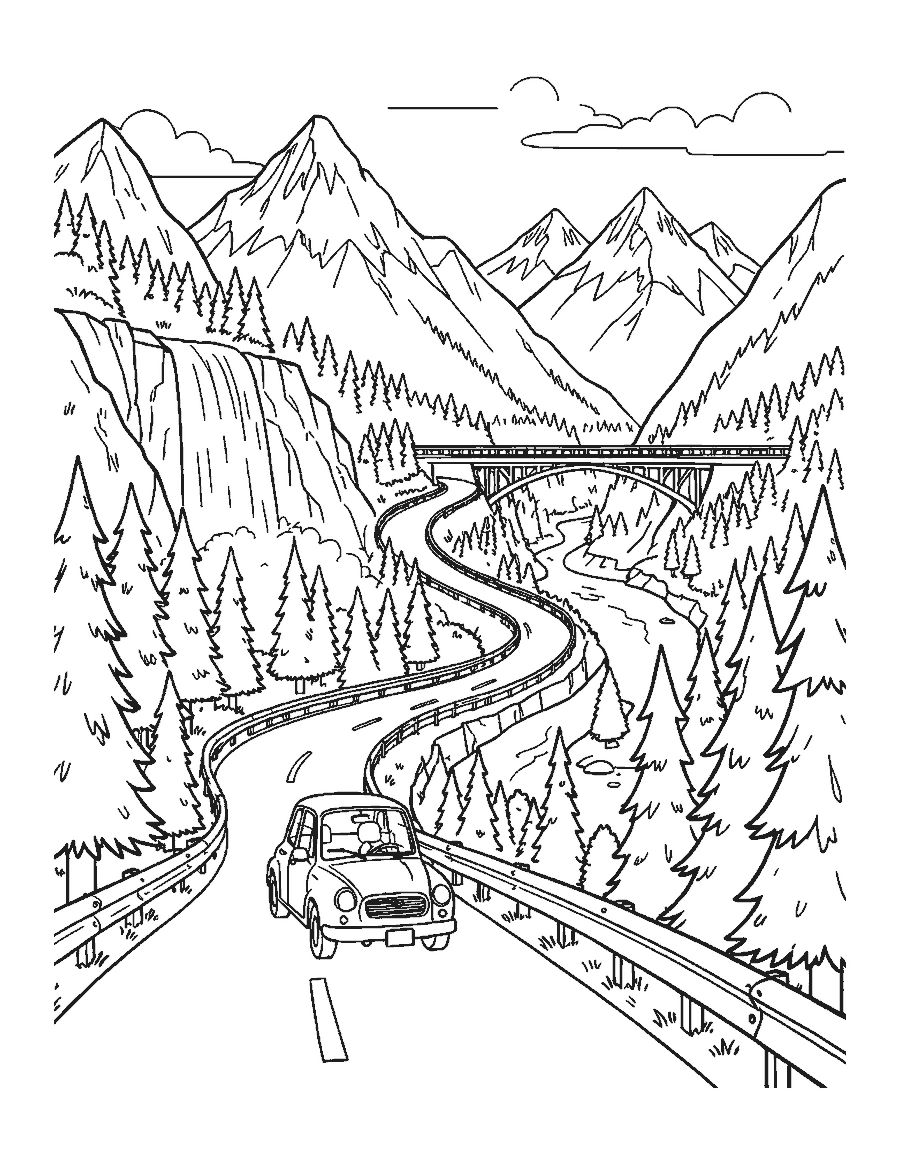 Line drawing of a car on a winding mountain road with pines, a waterfall and snowy peaks