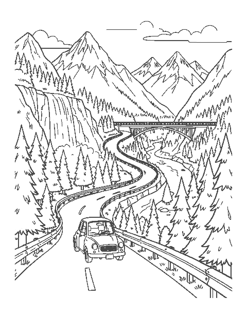 Line drawing of a car on a winding mountain road with pines, a waterfall and snowy peaks