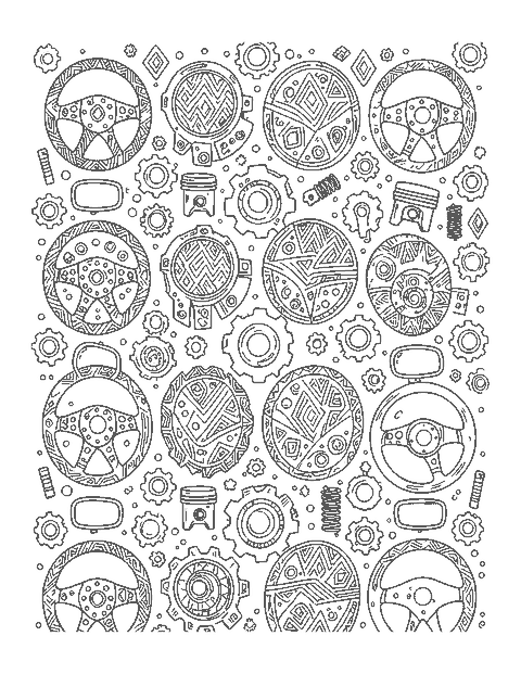 Line drawing of wheels, headlights, mirrors and gears arranged in a detailed pattern