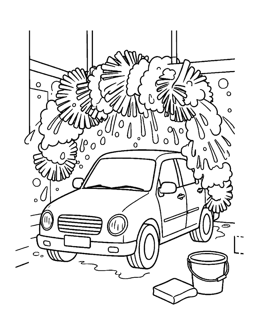 Line drawing of a car in a car wash with spinning brushes, soap bubbles and water spray