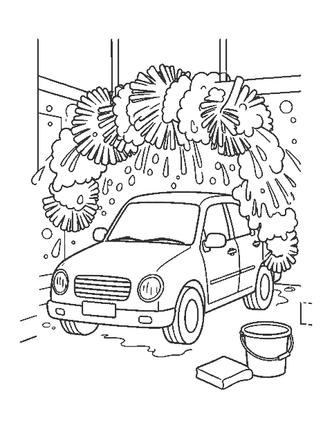 Line drawing of a car in a car wash with spinning brushes, soap bubbles and water spray