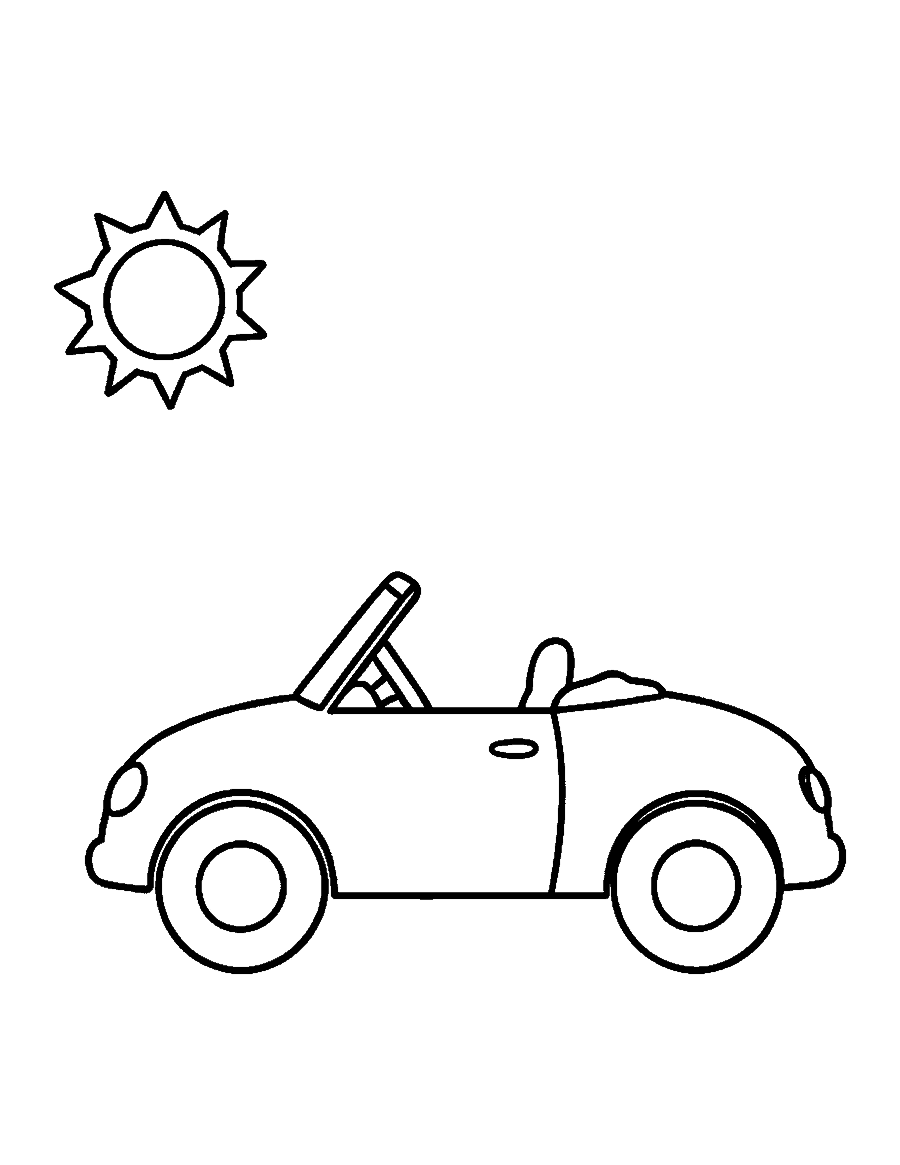 Line drawing of a convertible car with its top down under a sun