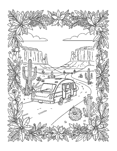 Line drawing of a car towing a camper through the desert inside a border of cacti