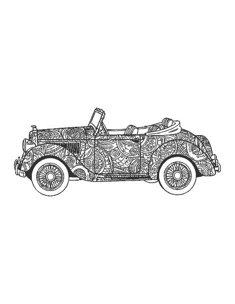 Line drawing of a classic convertible filled with intricate doodle patterns