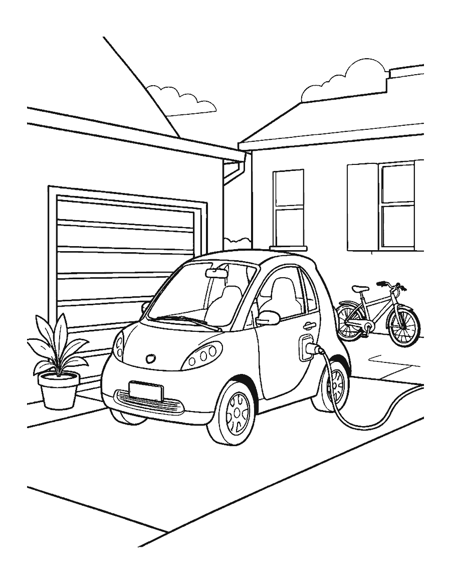 Line drawing of an electric car plugged into a charger in a driveway beside a house