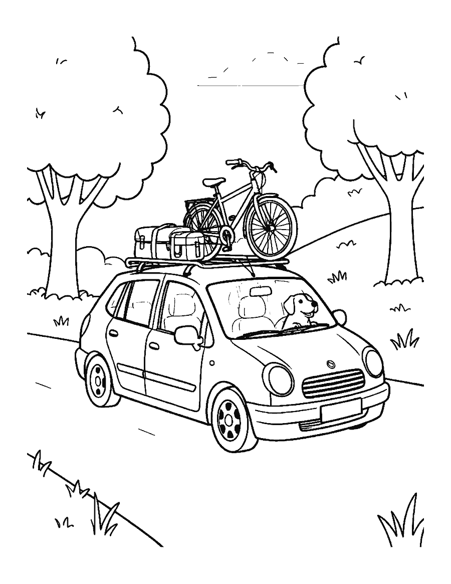 Line drawing of a hatchback with luggage and a bike on the roof and a dog at the window