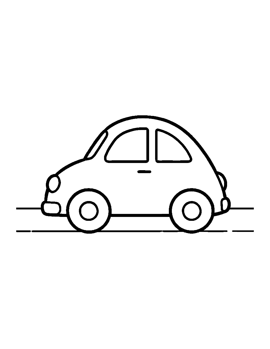 Line drawing of a small rounded car with big wheels driving along a road