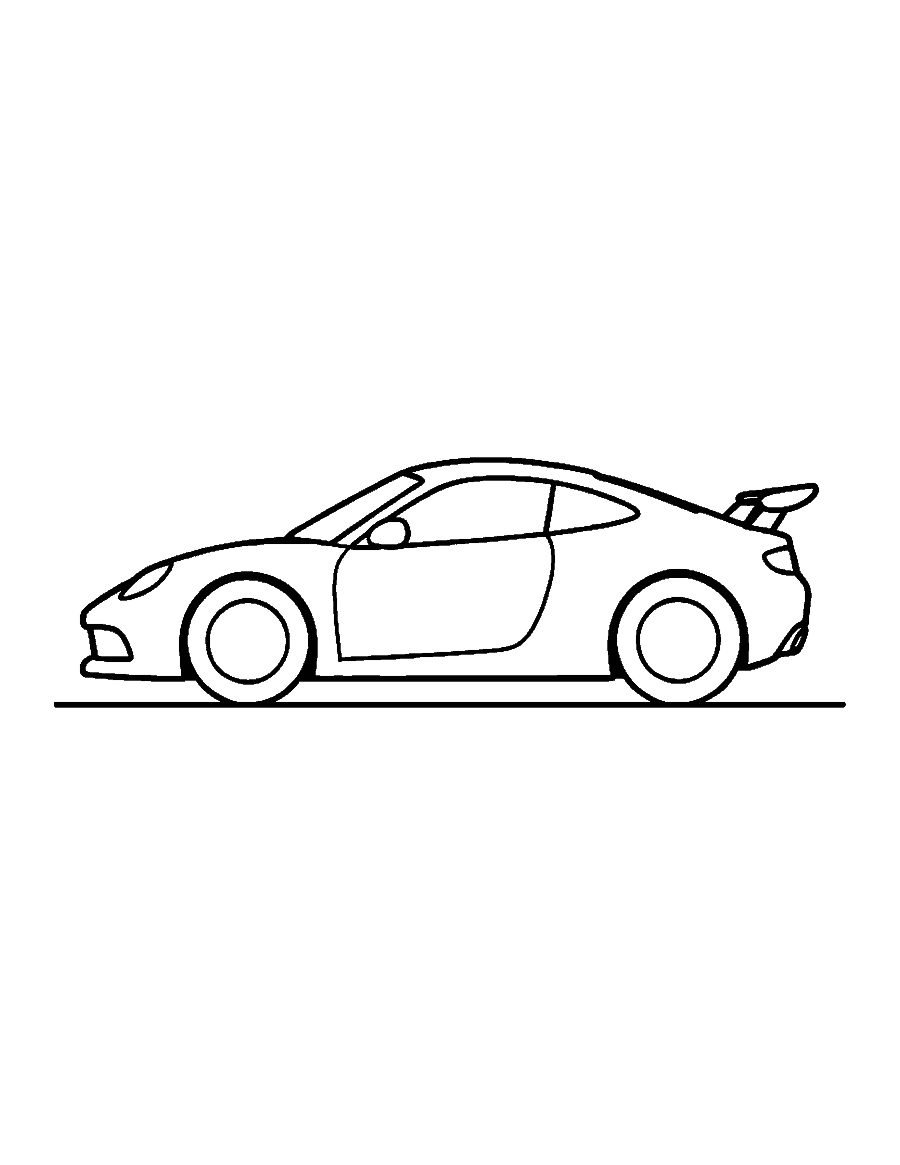 Line drawing of a low sleek sports car with a rear spoiler seen from the side