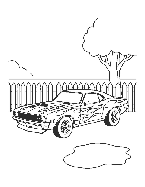 Line drawing of a muscle car with painted flames parked beside a picket fence