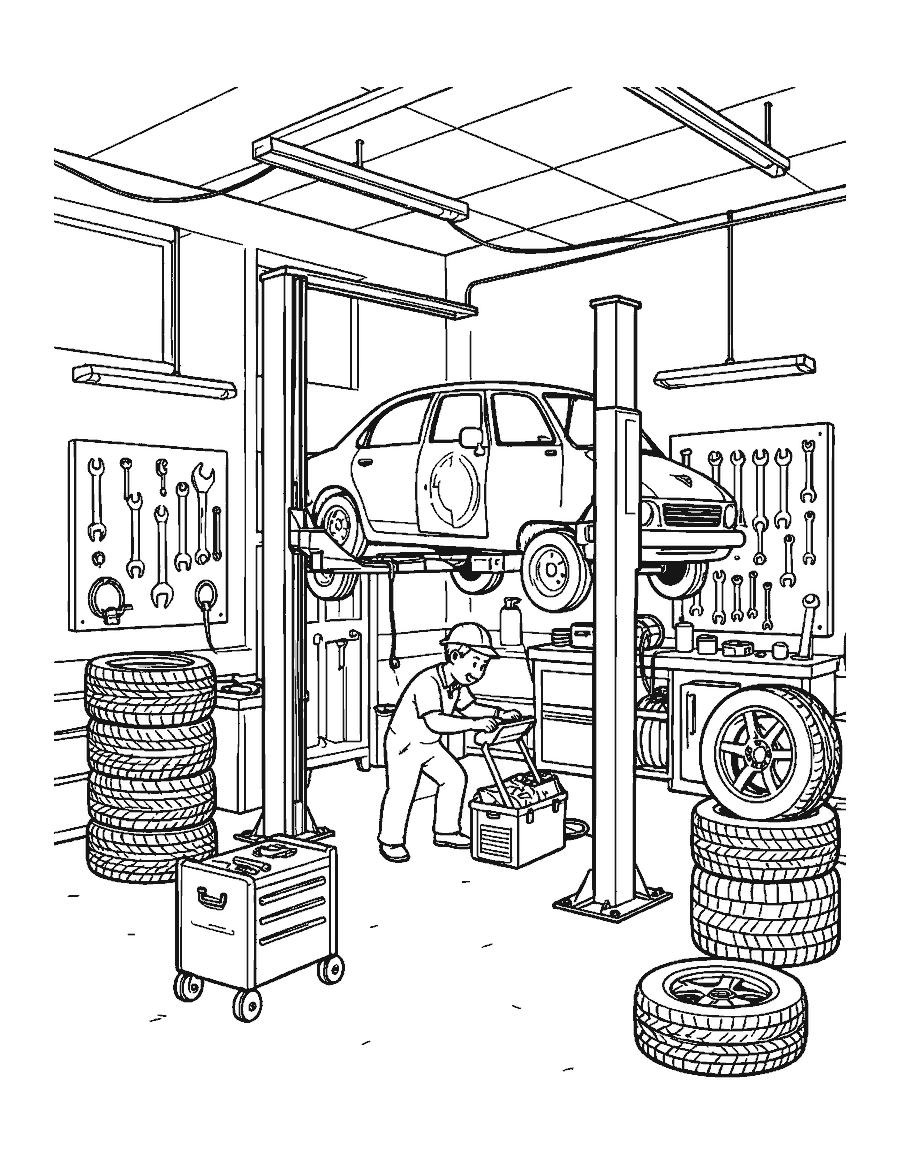 Line drawing of a repair garage with a car on a lift, a mechanic and stacked tires