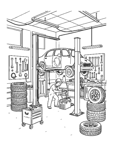 Line drawing of a repair garage with a car on a lift, a mechanic and stacked tires
