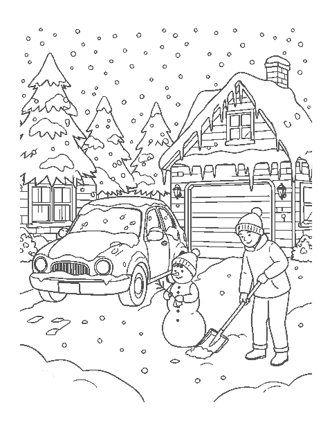 Line drawing of a snow-covered car in a driveway with a child building a snowman