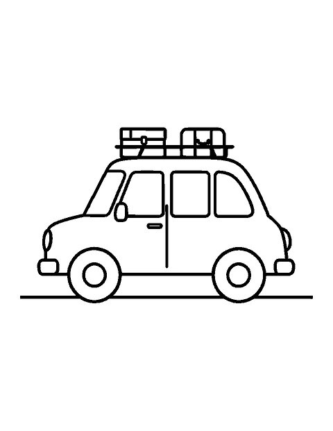 Line drawing of a station wagon with a suitcase on its roof rack