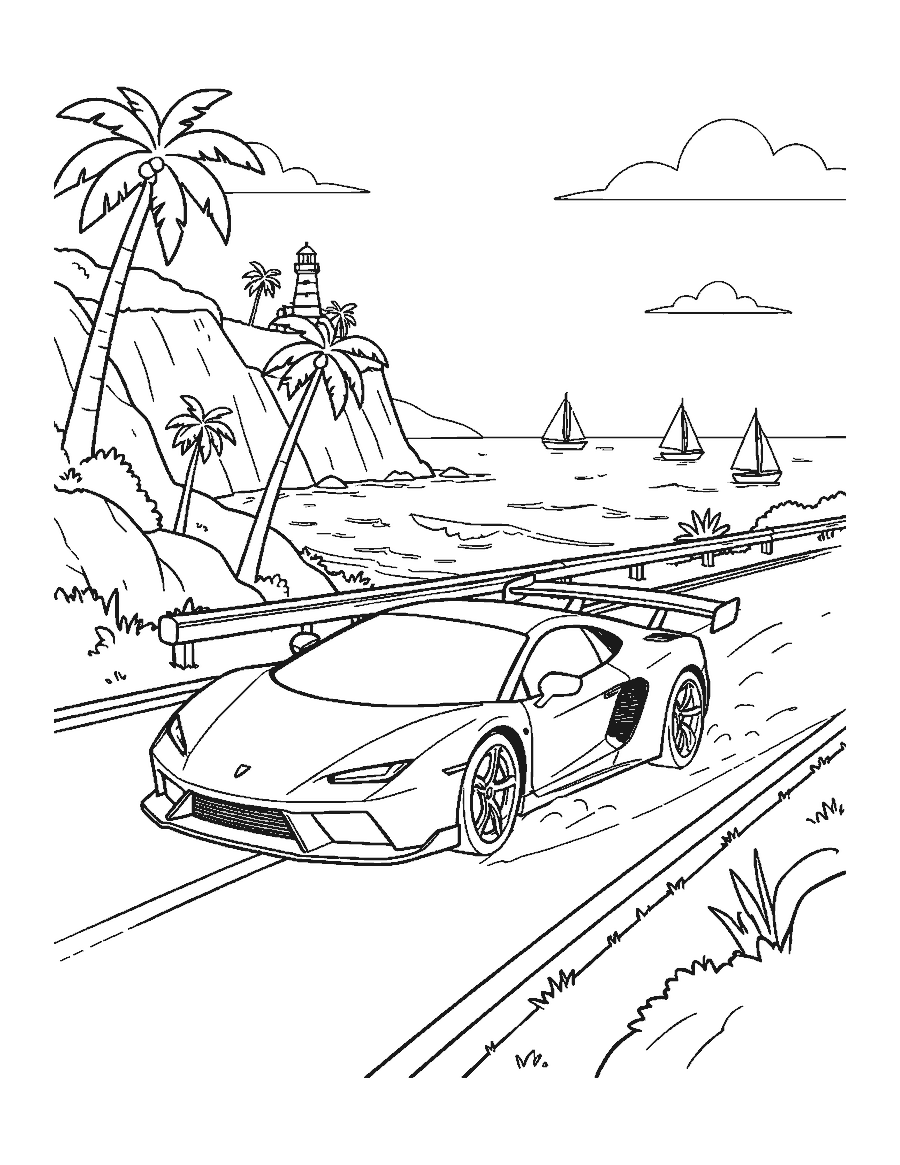 Line drawing of a supercar speeding along a coastal highway past cliffs and a lighthouse