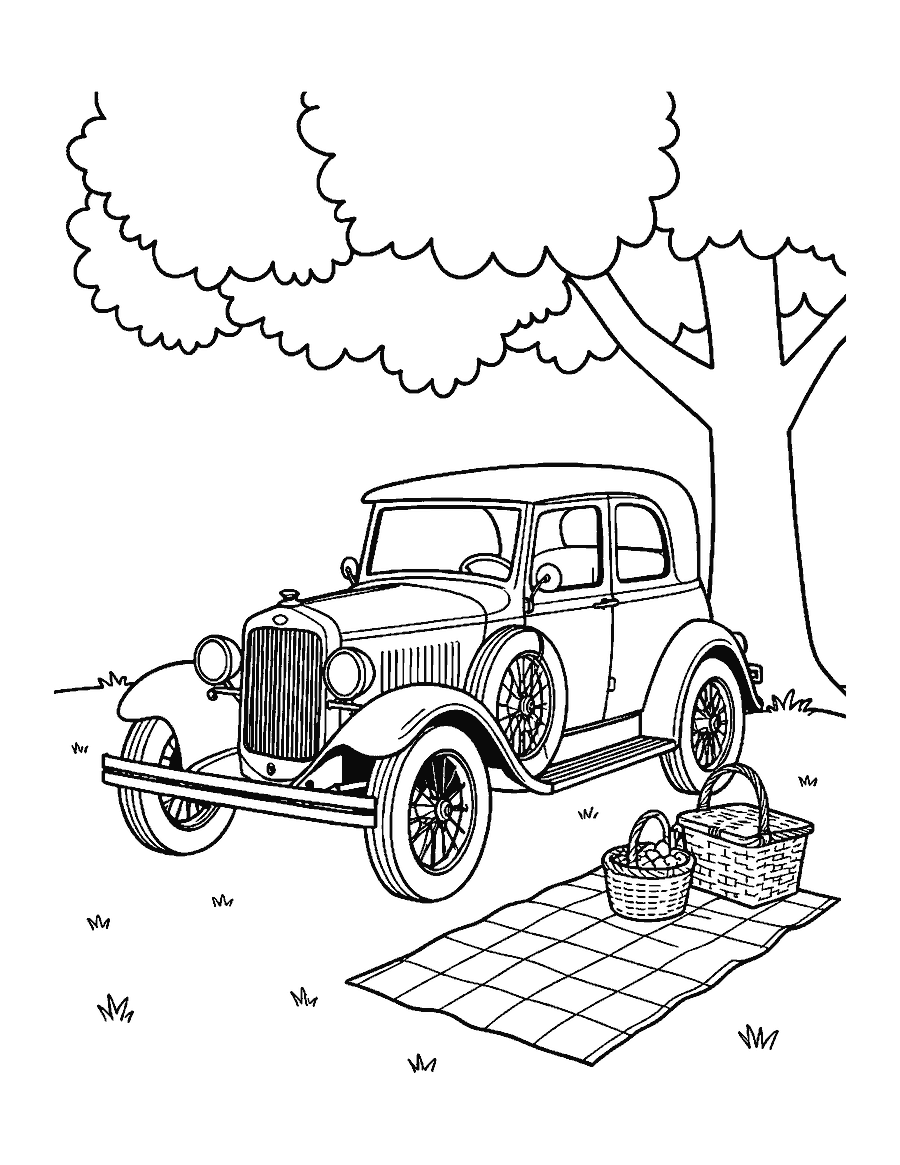 Line drawing of an old-fashioned car under a tree beside a picnic blanket and basket