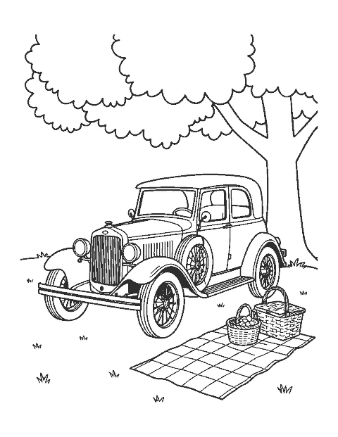 Line drawing of an old-fashioned car under a tree beside a picnic blanket and basket