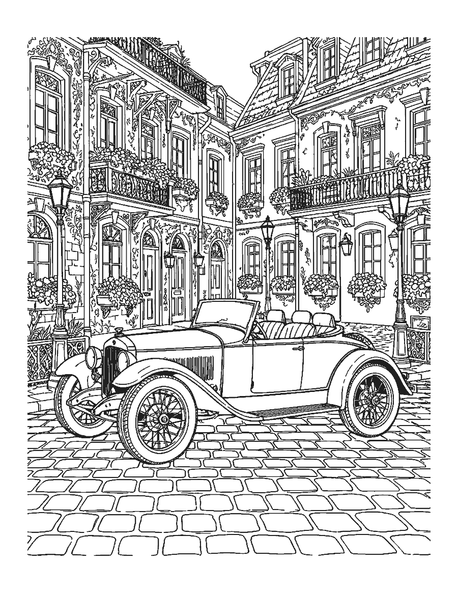 Line drawing of a vintage roadster on a cobblestone street with lamp posts and townhouses