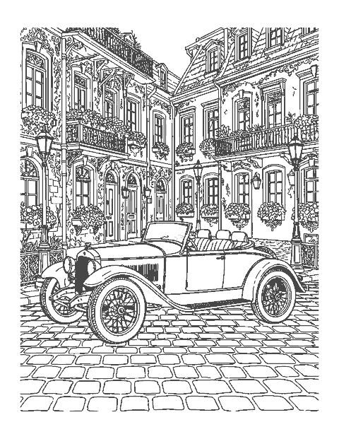Line drawing of a vintage roadster on a cobblestone street with lamp posts and townhouses