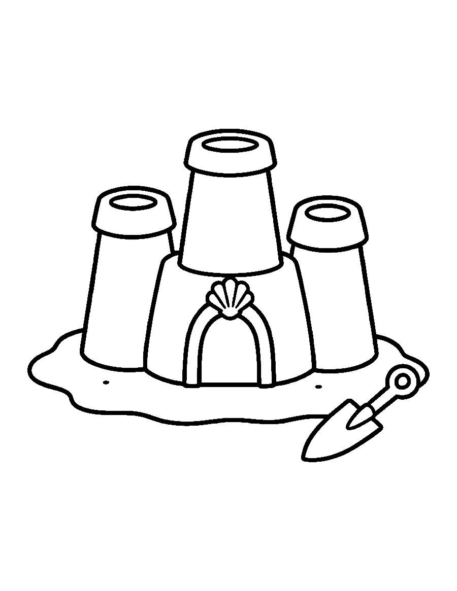 Line drawing of a sandcastle with three towers, a shell on the door and a spade