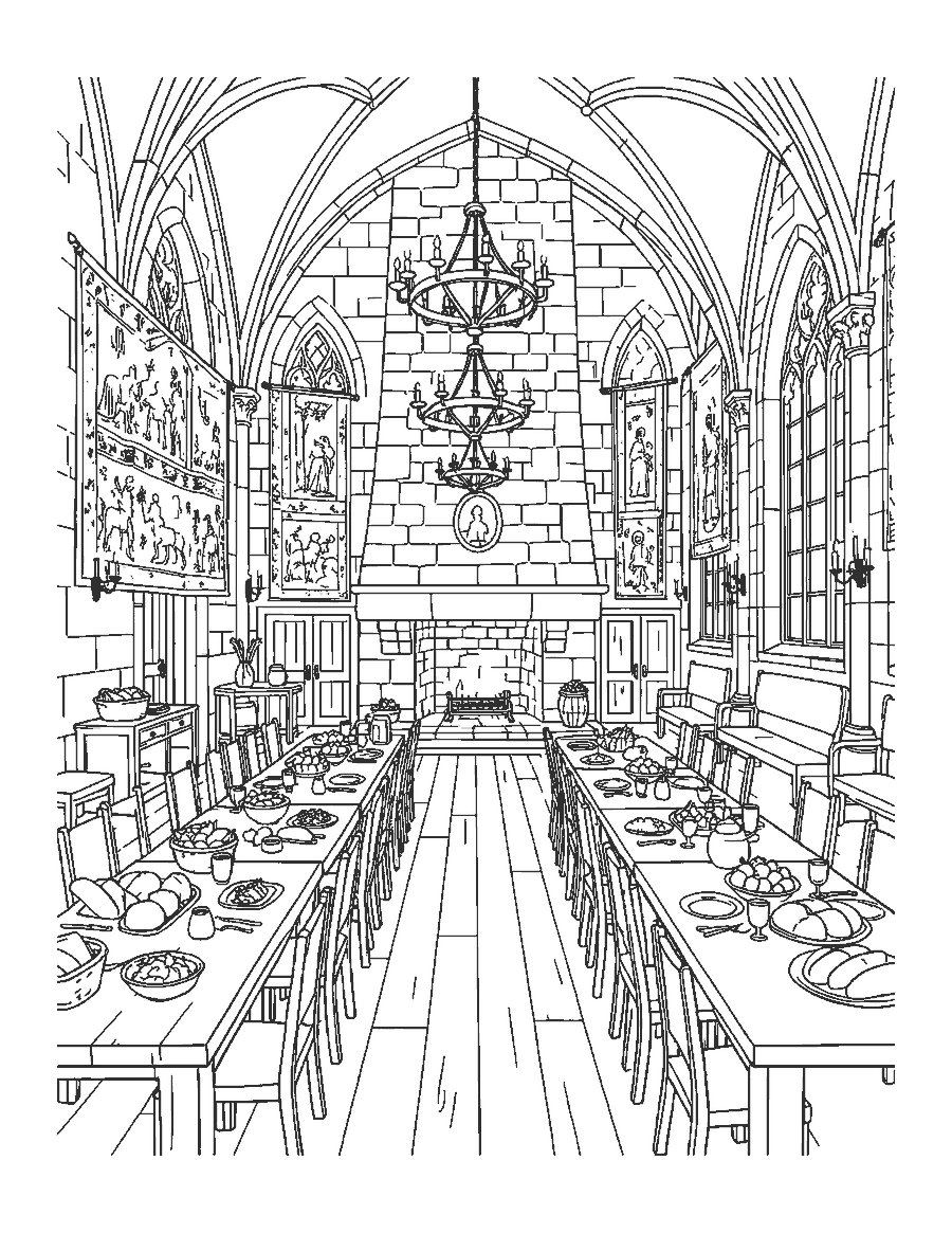 Line drawing of a castle great hall with long feast tables, a fireplace and chandeliers
