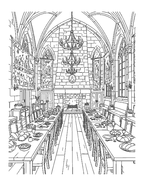 Line drawing of a castle great hall with long feast tables, a fireplace and chandeliers