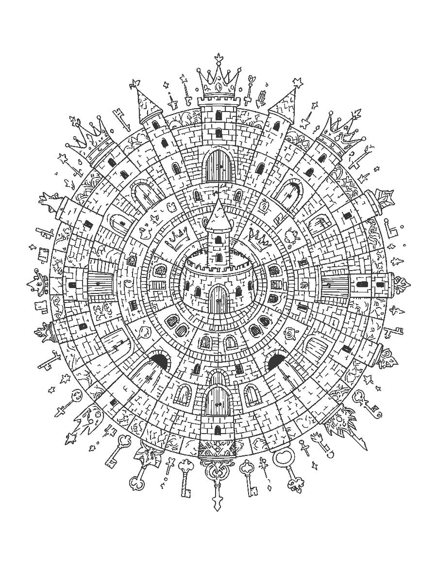 Line drawing of a round mandala made of castle towers, gates, keys and crowns