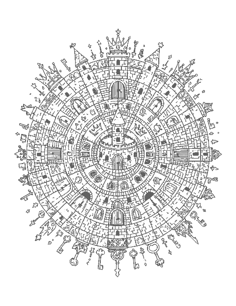 Line drawing of a round mandala made of castle towers, gates, keys and crowns