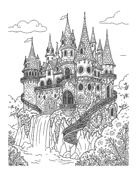 Line drawing of a detailed castle with many spires on a cliff above a waterfall