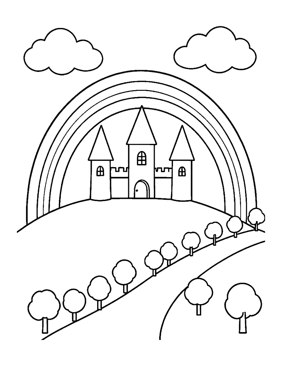 Line drawing of a three-tower castle on a hill with a rainbow behind it