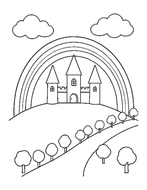 Line drawing of a three-tower castle on a hill with a rainbow behind it
